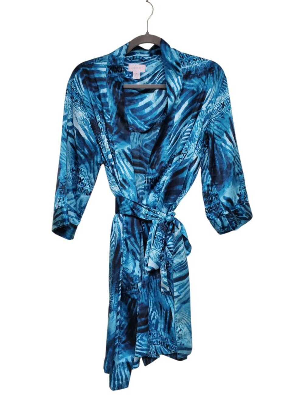 Cabernet Women's Teal Tribal Zebra Print Silky Feel Tie Waist Robe Kimono M